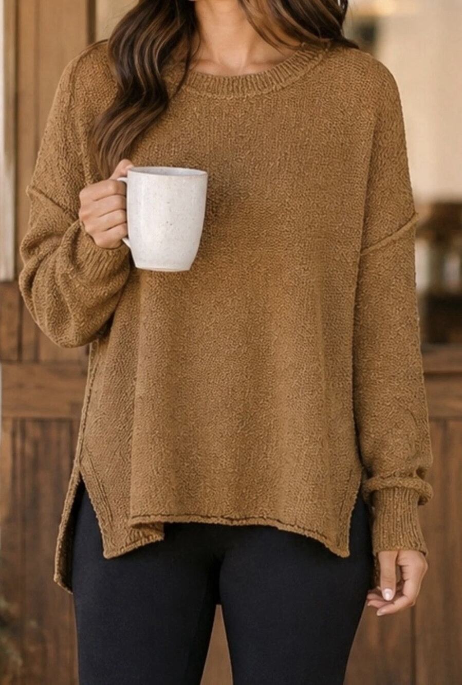 Aerie Sweater Women XL Carmel Brown Chunky Knit Oversized Crew Neck Pullover